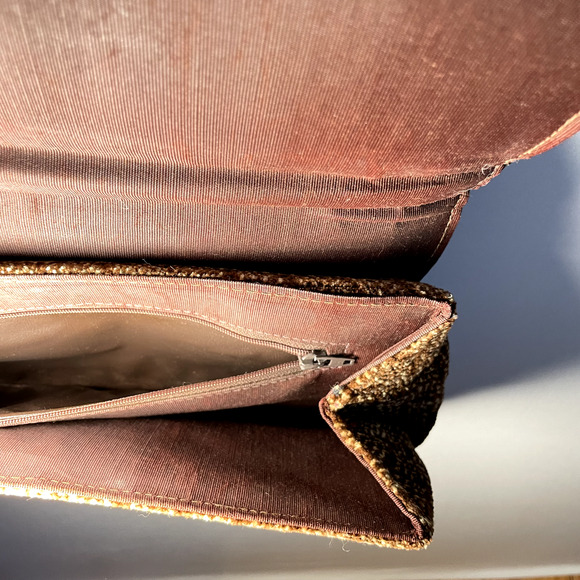 Vintage Chenille Corduroy Crossbody Purse Lock Buckle Leather Mod Retro Mob Wife - Picture 7 of 16